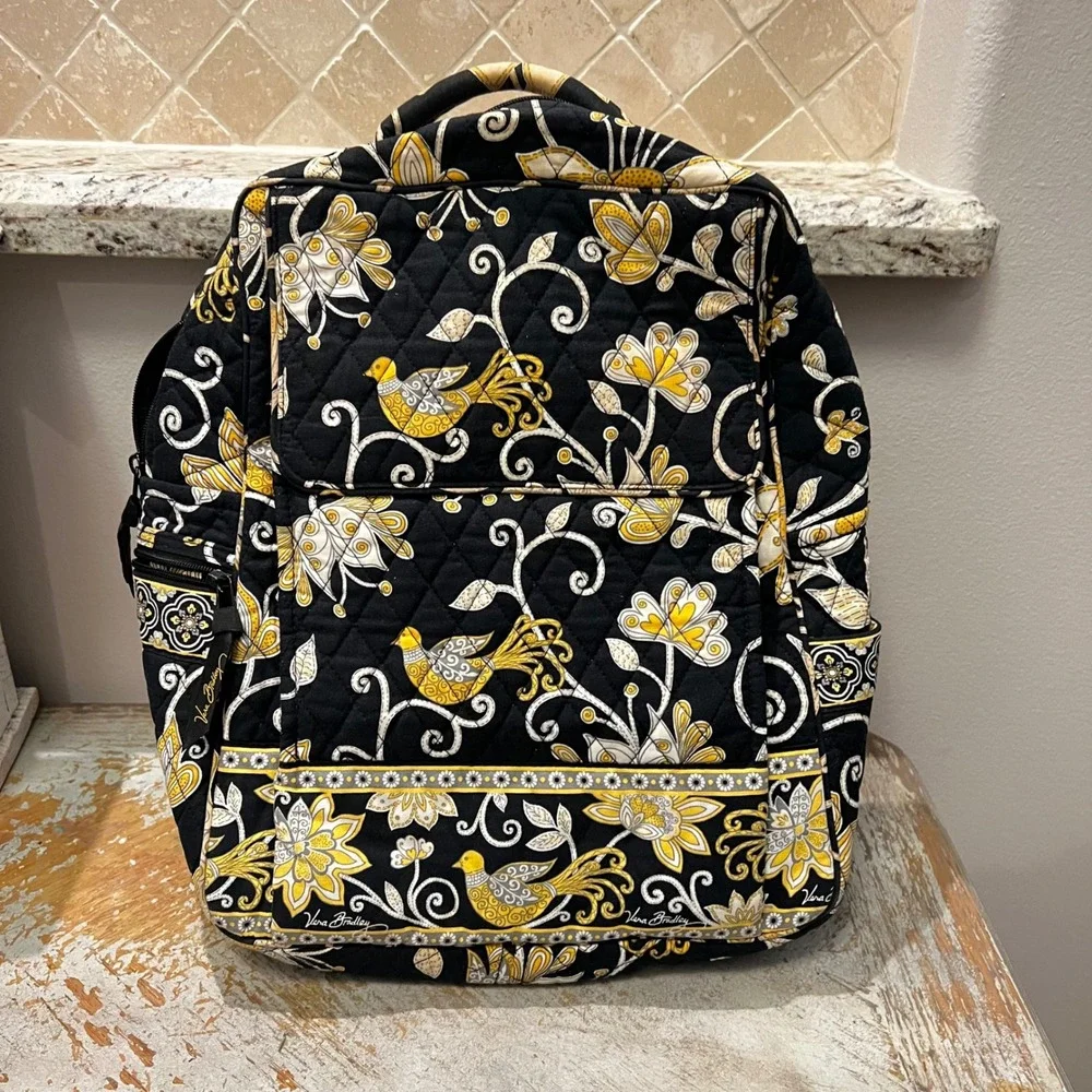 Vera Bradley Backpack Yellow Birdie Floral Quilted Cotton Travel Bag Vera Bradley Quilted Cotton Backpack Sittin In A Tree  main image 4